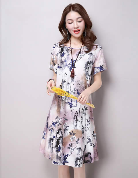 Elegant Floral Print Short Sleeve Ladies Dresses