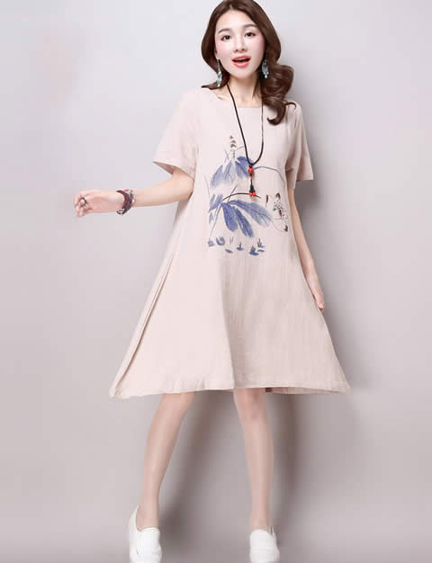 Elegant Print Crew Neck Loose Women Vintage Dress
