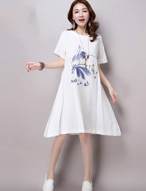 Elegant Print Crew Neck Loose Women Vintage Dress